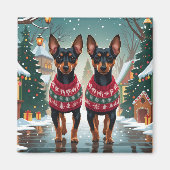 アフェンピンシャー 犬 クリスマス 雪 冬の休日 マグネット (正面)