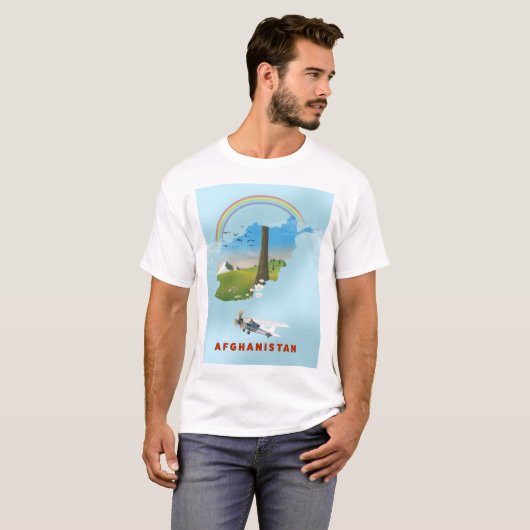 アフガニスタン地図と風景の旅行ポスター Tシャツ (正面フル)
