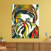 アフガンガールウィズグリーンアイズ油ポートレート キャンバスプリント (インサイチュ (リビング))