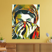 アフガンガールウィズグリーンアイズ油ポートレート キャンバスプリント (インサイチュ (リビング))