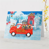 アフガンハウンドの犬が乗ったクリスマスの配達トラックの雪 カード (黄色い花)