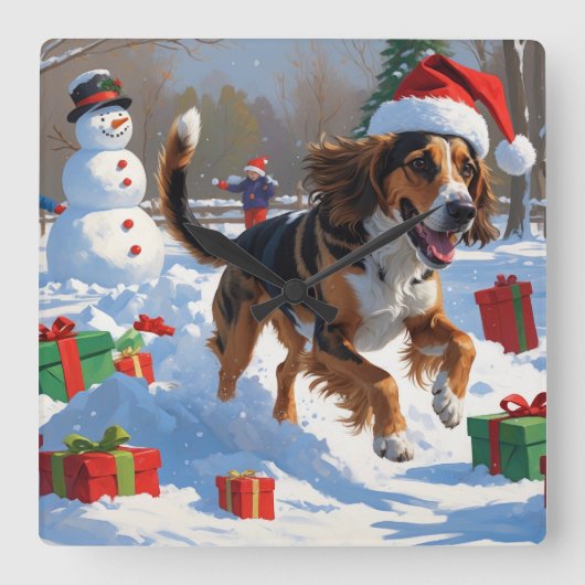 アフガンハウンドクリスマスフェスティバルスノーシーン スクエア壁時計 (正面)