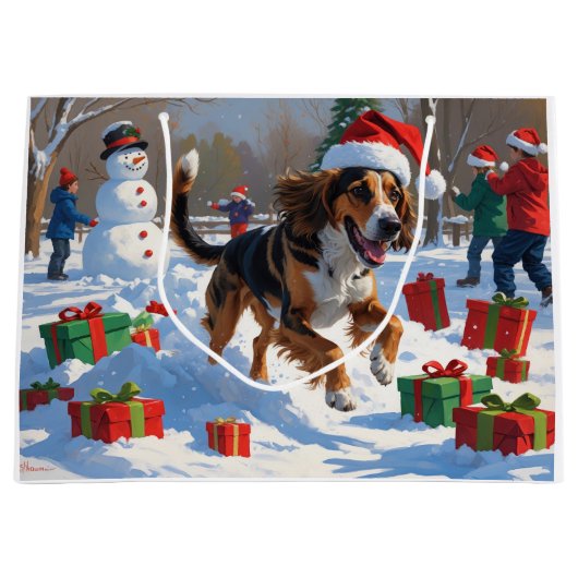 アフガンハウンドクリスマスフェスティバルスノーシーン ラージペーパーバッグ (正面)