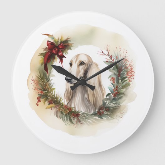 アフガンハウンドクリスマスリースフェスティバルカップ ラージ壁時計 (正面)