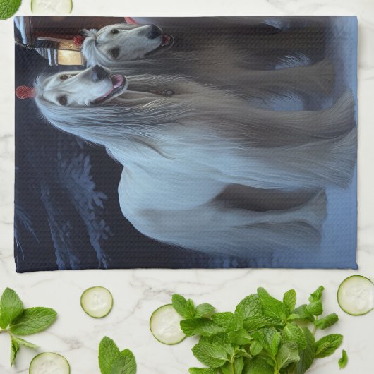 アフガンハウンドスノウイそりに乗るクリスマスデコール キッチンタオル (折り畳み)