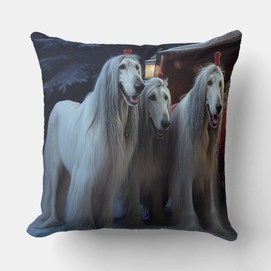 アフガンハウンドスノウイそりに乗るクリスマスデコール クッション (正面)