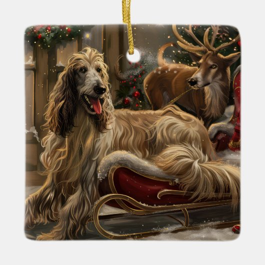 アフガンハウンドドッグクリスマスフェスティバル セラミックオーナメント (正面)