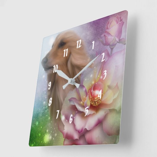 アフガンハウンドファンタジーフラワーズドッグアート スクエア壁時計 (傾斜)