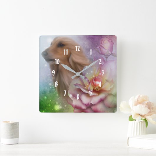 アフガンハウンドファンタジーフラワーズドッグアート スクエア壁時計 (ホーム)