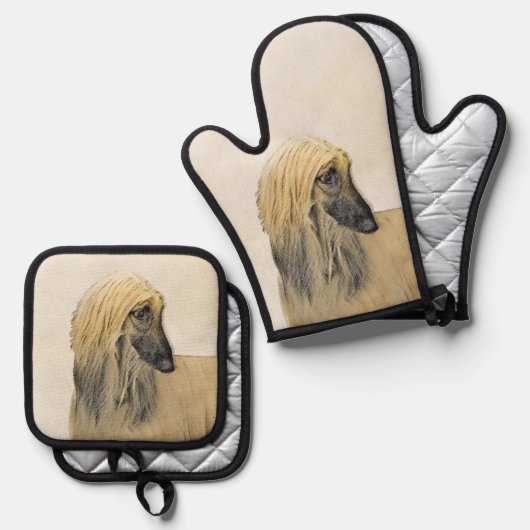 アフガンハウンドブラックマスク絵を描レッドのペットドッグアート 鍋つかみ&鍋敷きセット (正面/裏面)