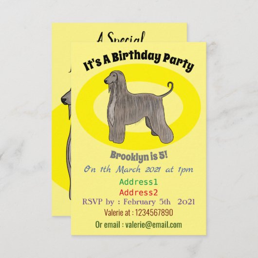 アフガンハウンド犬の漫画イラストレーション 招待状 (正面/裏面)