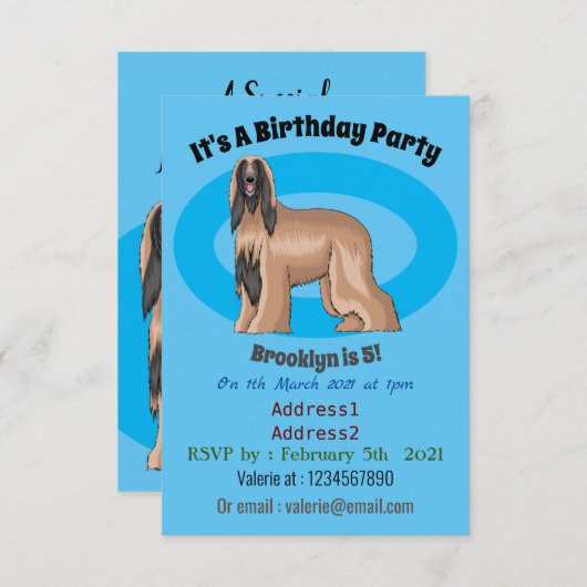 アフガンハウンド犬の漫画イラストレーション 招待状 (正面/裏面)