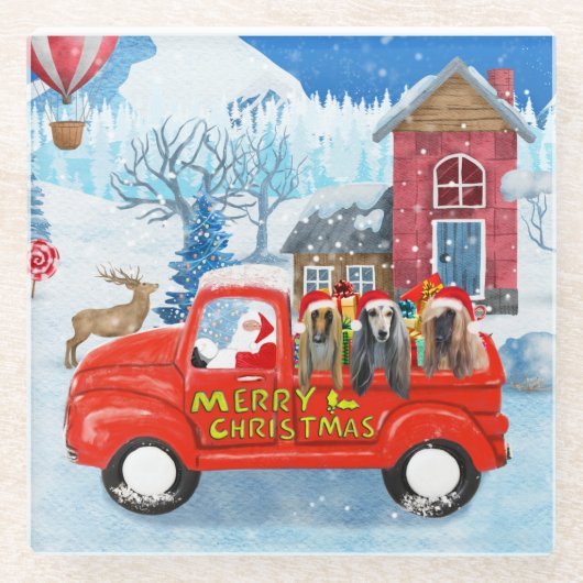 アフガン・ハウンズ犬のクリスマスデリバリートラック雪 ガラスコースター (正面)