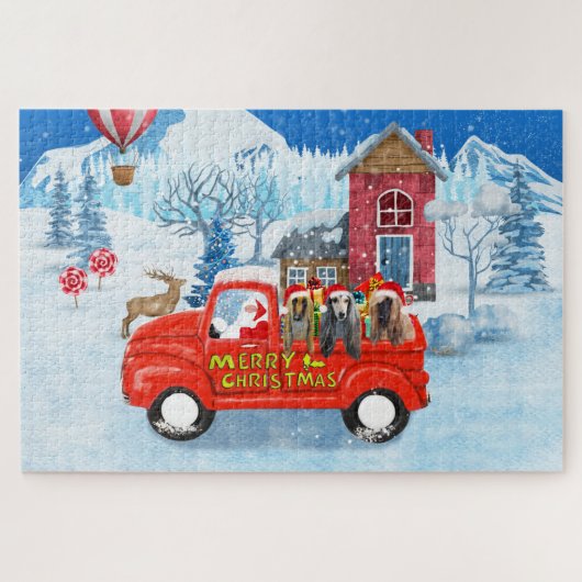 アフガン・ハウンズ犬のクリスマスデリバリートラック雪 ジグソーパズル (横)