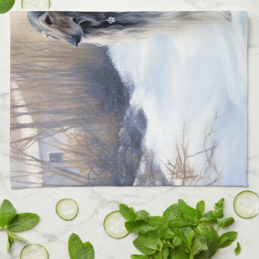 アフガン・ハウンドが雪のクリスマスを過ごした キッチンタオル (折り畳み)