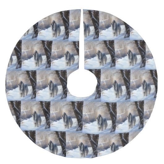 アフガン・ハウンドが雪のクリスマスを過ごした ブラッシュドポリエステルツリースカート (正面)