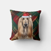 アフガン・ハウンド 犬 赤いチェック柄のクリスマス ホリデー クッション (正面)