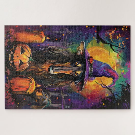 アフガ不気味ンハウンドハロウィーン魔女とカボチャ ジグソーパズル (横)