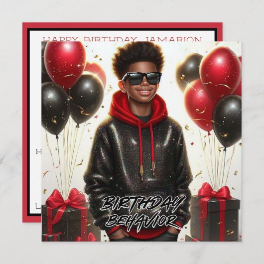 アフスタイリッシュリカ系アメリカ人ボーイブラック/レッド誕生日 カード (正面/裏面)