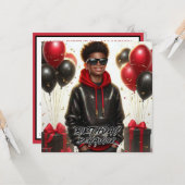 アフスタイリッシュリカ系アメリカ人ボーイブラック/レッド誕生日 カード (正面/裏面インサイチュ)