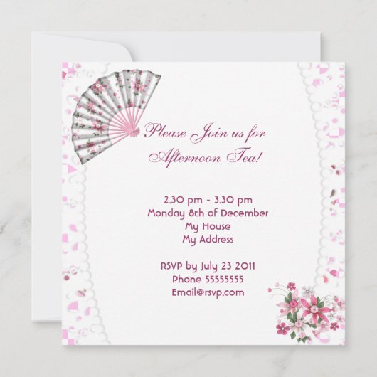 アフタヌーンティーカップケーキピンクフローラティーポットファン 招待状 (裏面)