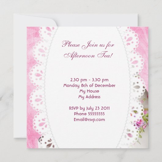 アフタヌーンティーカップケーキピンクフローラティーポット 招待状 (裏面)