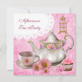 アフタヌーンティーカップケーキピンクフローラティーポット 招待状 (正面)
