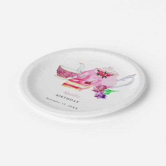 アフタヌーンティーパーティーの台本 エレガントなピンクの誕生日 ペーパープレート (アングル)