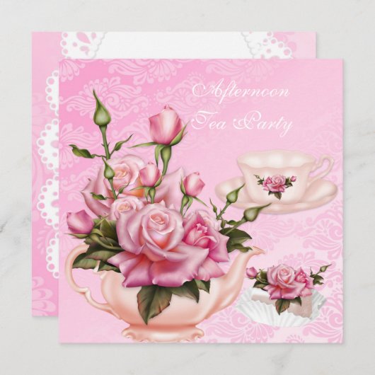 アフタヌーンティーパーティーピンクピーチバラフローラティーポット 招待状 (正面/裏面)