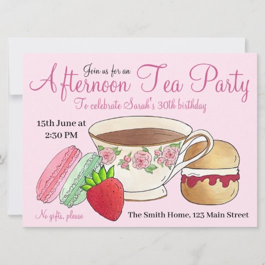 アフタヌーンティーパーティーブライダルシャワーマカロンティーカップ 招待状 (正面)