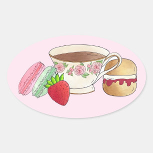 アフタヌーンティーパーティーマカロンティーカップクリームスコーン 楕円形シール