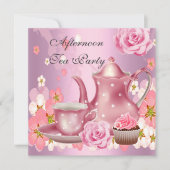 アフタヌーンティーパーティーヴィンテージピンクローズティーポット 招待状 (正面)