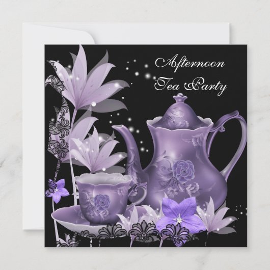 アフタヌーンティーパーティーヴィンテージブラックパープルティーポット 招待状 (正面)