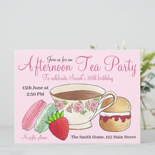 アフタヌーンティーパーティー ブライダルシャワー マカロン ティーカップ 招待状 (スタンド正面)