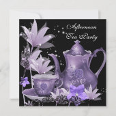 アフタヌーンティーパーティー ヴィンテージ ブラック パープル ティーポット 招待状 (正面)