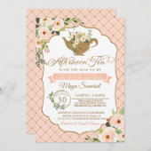 アフタヌーンティーラグジュアリー赤面ピンクフローラベビーシャワー 招待状 (正面/裏面)