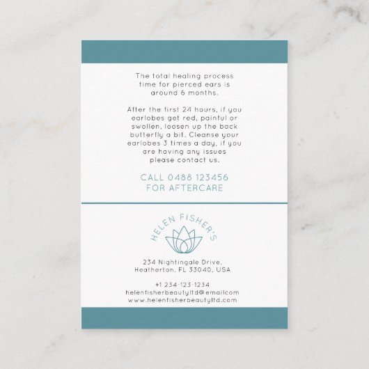 アフターケアのピアスの指示 割引カード (裏面)