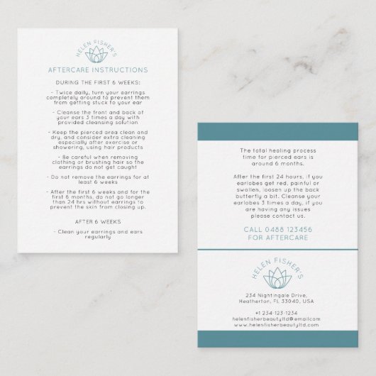 アフターケアのピアスの指示  割引カード (正面/裏面)