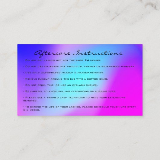 アフターケアの指示が点滅ピンクのドリップホログラフ 名刺 (裏面)