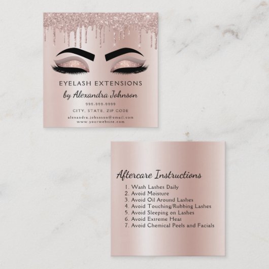 アフターケアの指示まつげバラ金ゴールドピンク スクエア名刺 (正面/裏面)