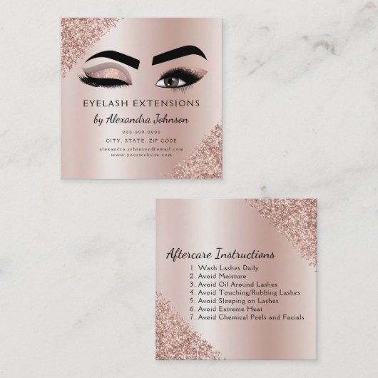 アフターケアの指示まつげバラ金ゴールドピンク スクエア名刺 (正面/裏面)