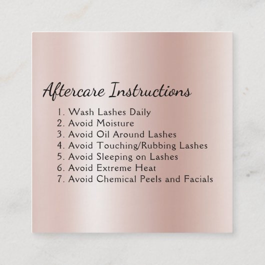 アフターケアの指示まつげバラ金ゴールドピンク スクエア名刺 (裏面)
