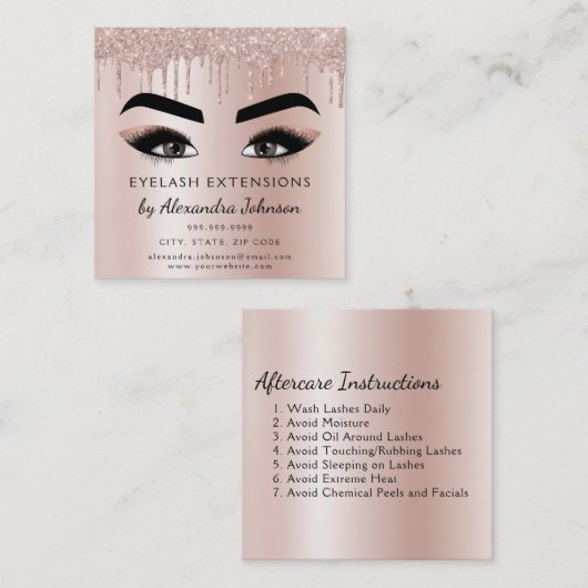 アフターケアの指示まつげバラ金ゴールドピンク スクエア名刺 (正面/裏面)