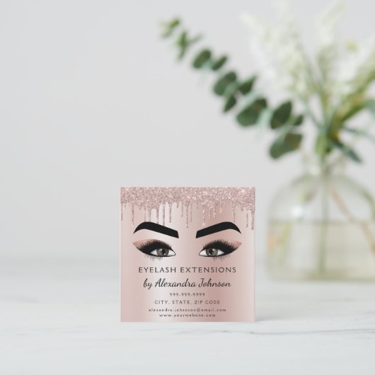 アフターケアの指示まつげバラ金ゴールドピンク スクエア名刺 (スタンド正面)
