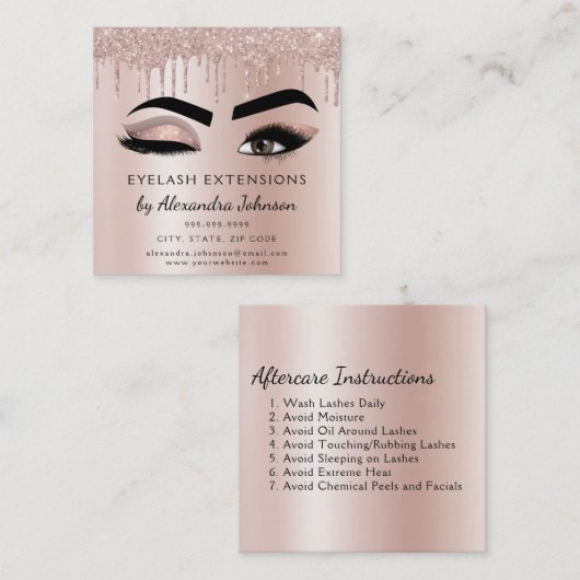 アフターケアの指示まつげバラ金ゴールドピンク スクエア名刺 (正面/裏面)
