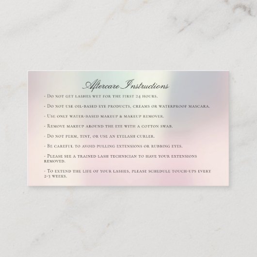 アフターケアの指示まつ毛ピンクパールアイ 名刺 (裏面)