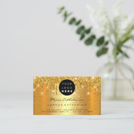 アフターケアの指示を点滅させるLUX金ゴールドドリップロゴ 名刺 (スタンド正面)