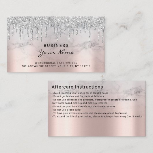 アフターケアの指示ピンクグリッタードリップスシルバー 名刺 (正面/裏面)
