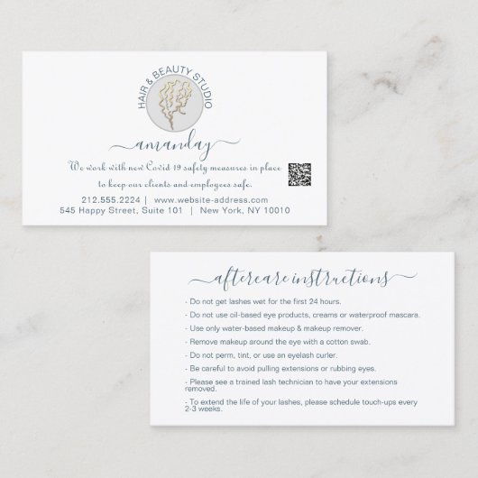 アフターケアの指示ラッシュホワイトロゴQRコード 名刺 (正面/裏面)