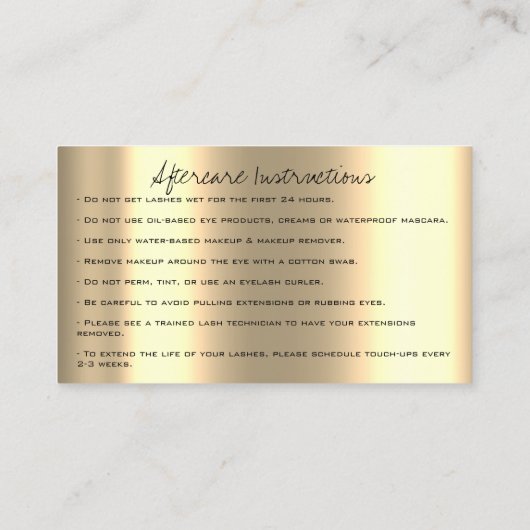 アフターケアの指示Lash Extensionブラック金ゴールド 名刺 (裏面)